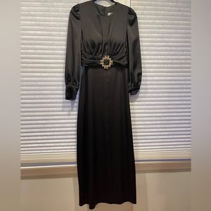 Black, silky midi dress with belt